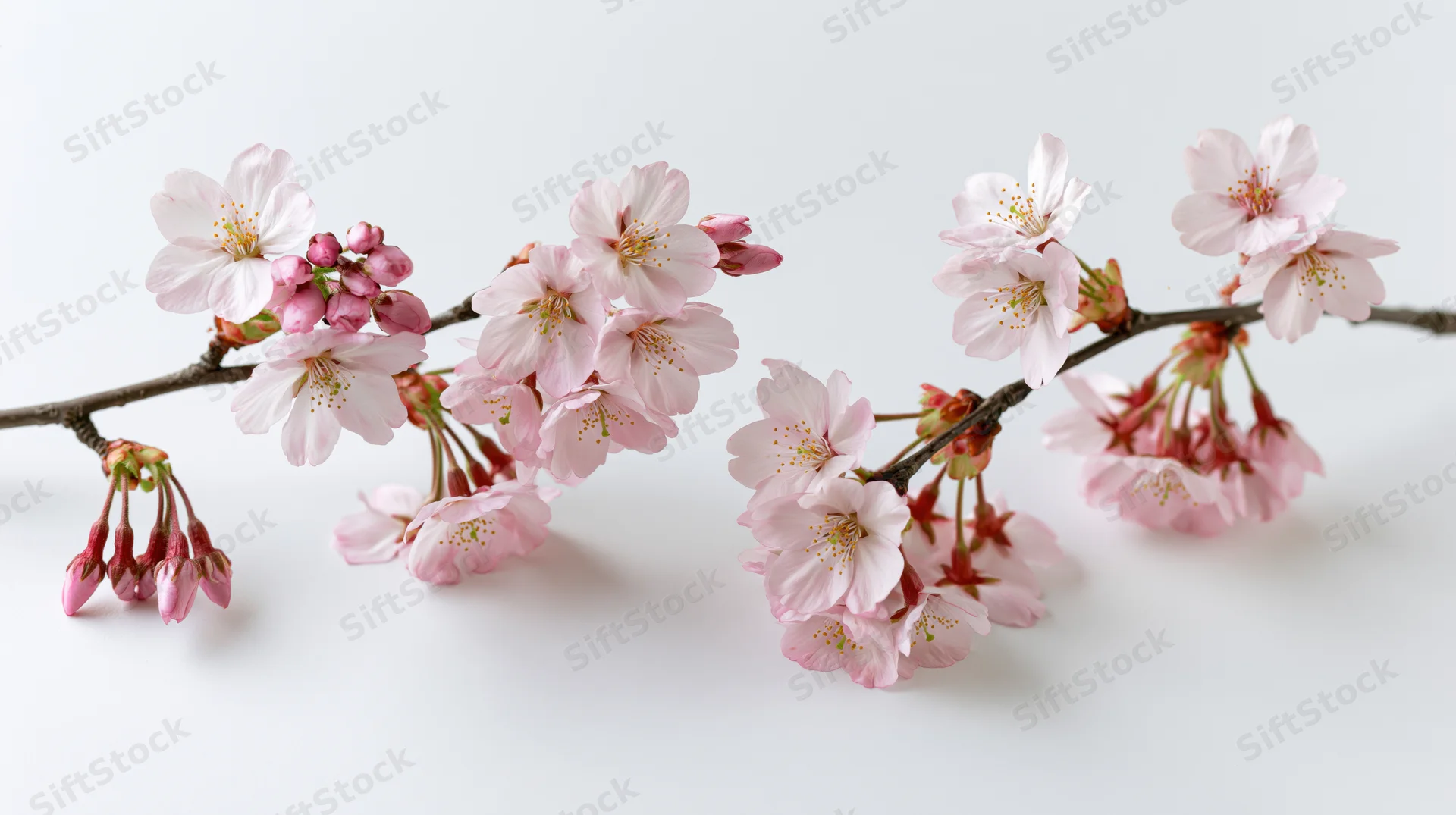 Cherry blossom branches with open pink flowers and buds on white background
