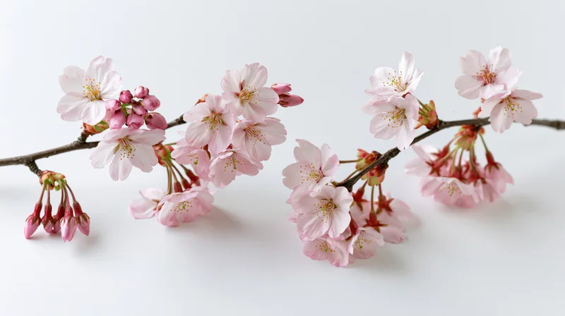 Cherry blossom branches with open pink flowers and buds on white background
