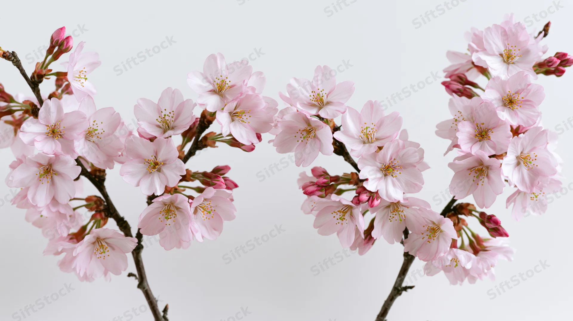 Cherry blossom branches with open pale pink flowers and buds against a white background