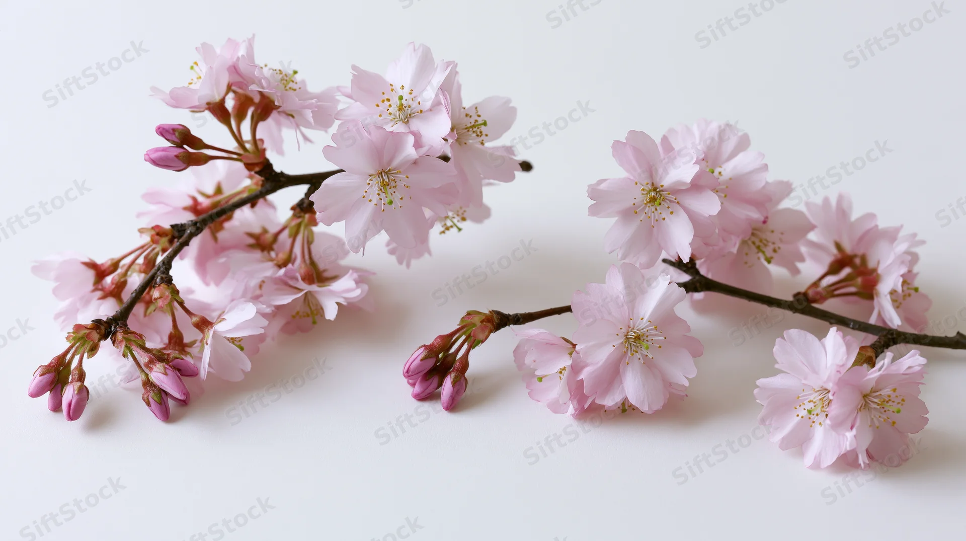 Cherry blossom branches with open pink flowers and buds arranged on a white surface