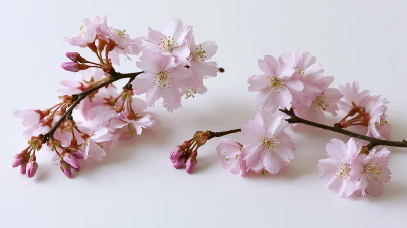 Cherry blossom branches with open pink flowers and buds arranged on a white surface