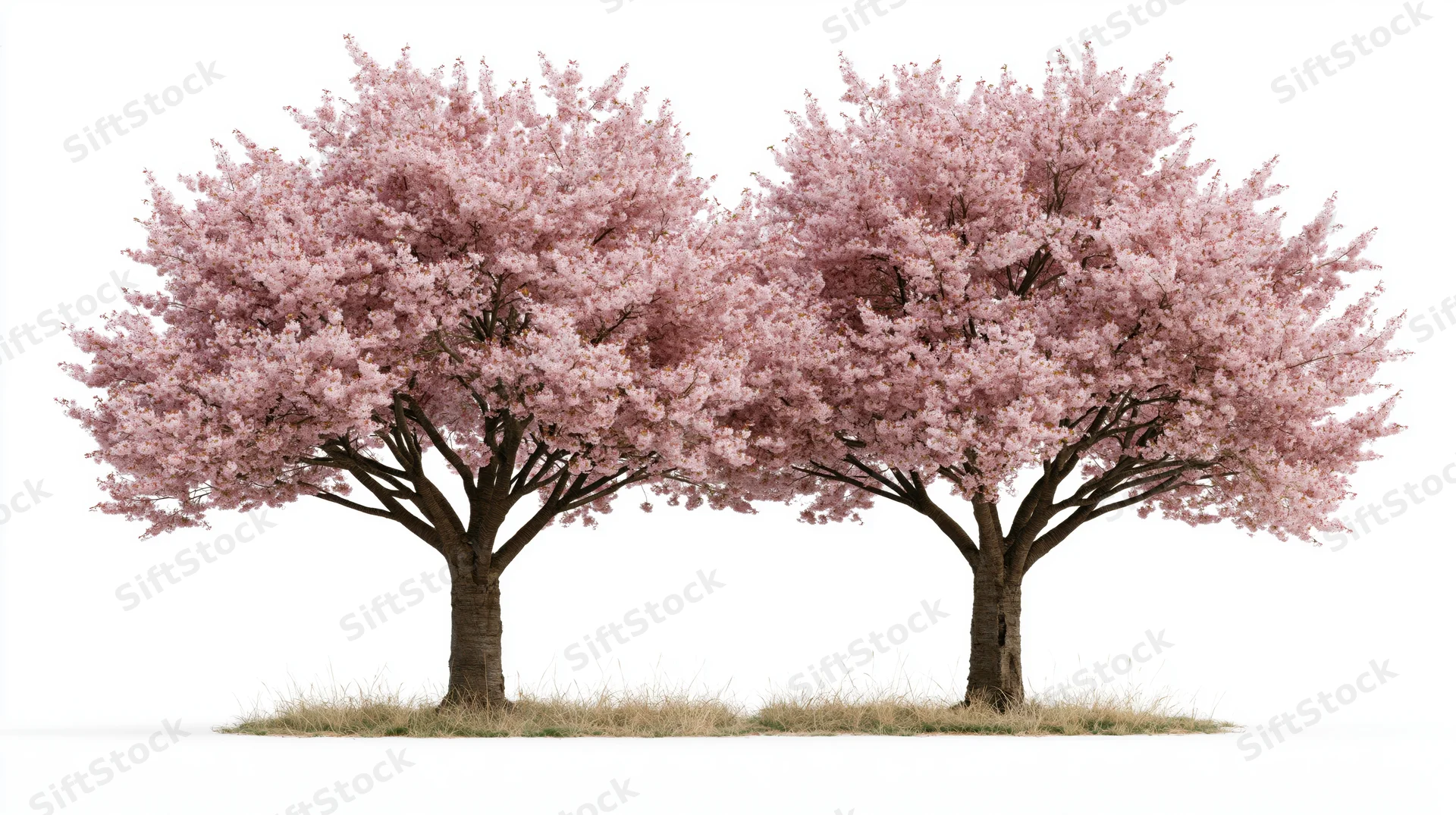 Two cherry blossom trees in full bloom side by side on white background