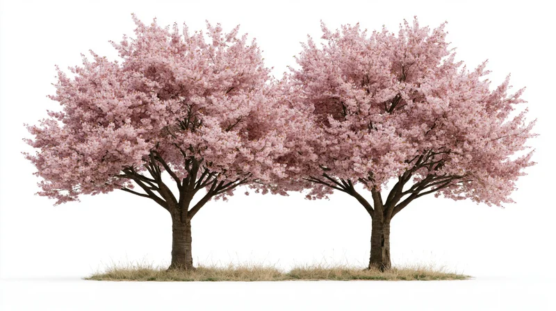 Two cherry blossom trees in full bloom side by side on white background