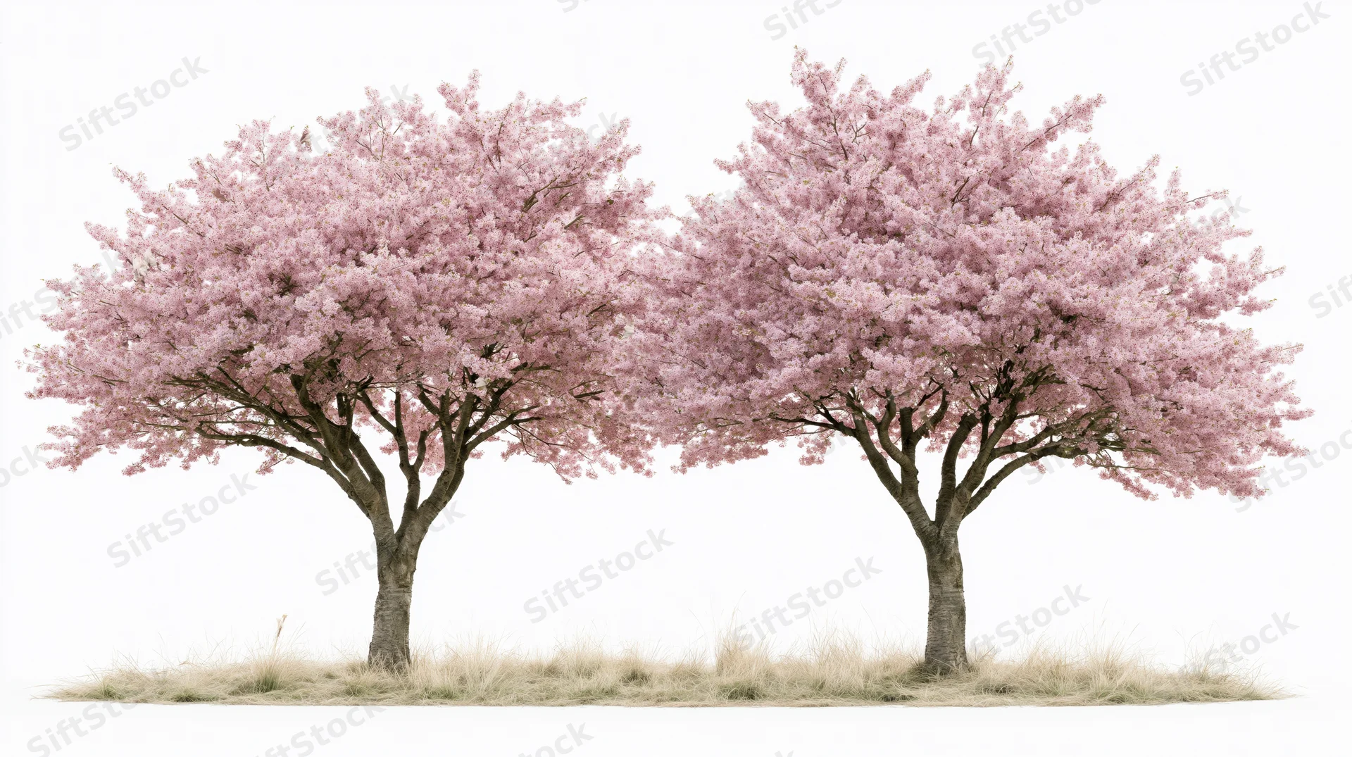 Two cherry blossom trees in full bloom side by side on a grassy base against white background