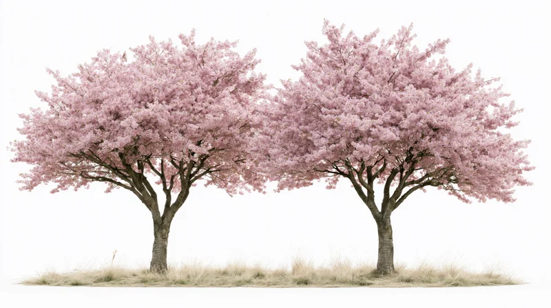 Two cherry blossom trees in full bloom side by side on a grassy base against white background
