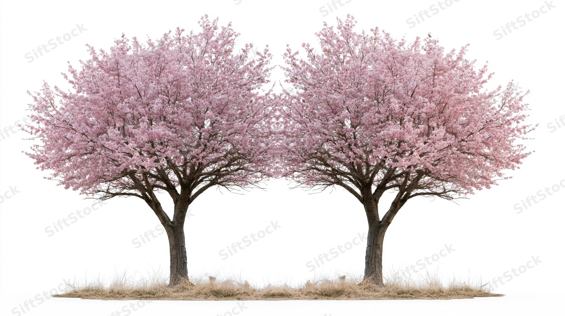 Two cherry blossom trees in full bloom side by side on white background