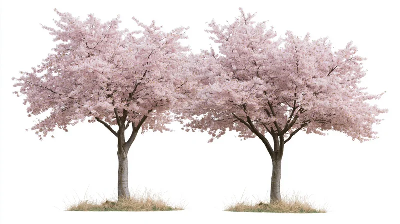 Two cherry blossom trees in full bloom side by side on white background with grass at base