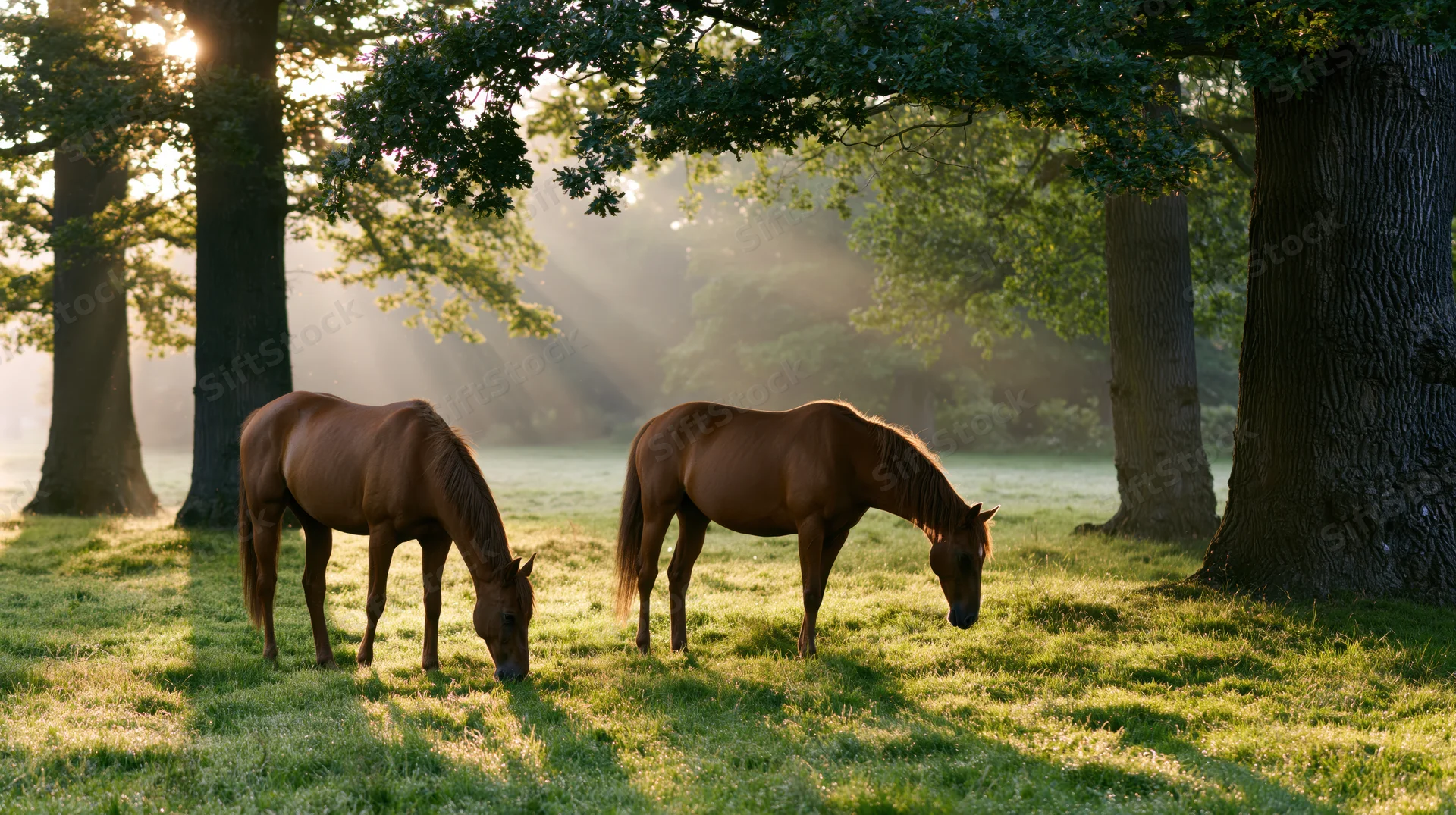 Two chestnut horses grazing on a grassy clearing under trees at dawn