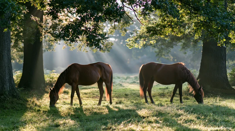 Two chestnut horses grazing in a sunlit grass clearing under leafy trees