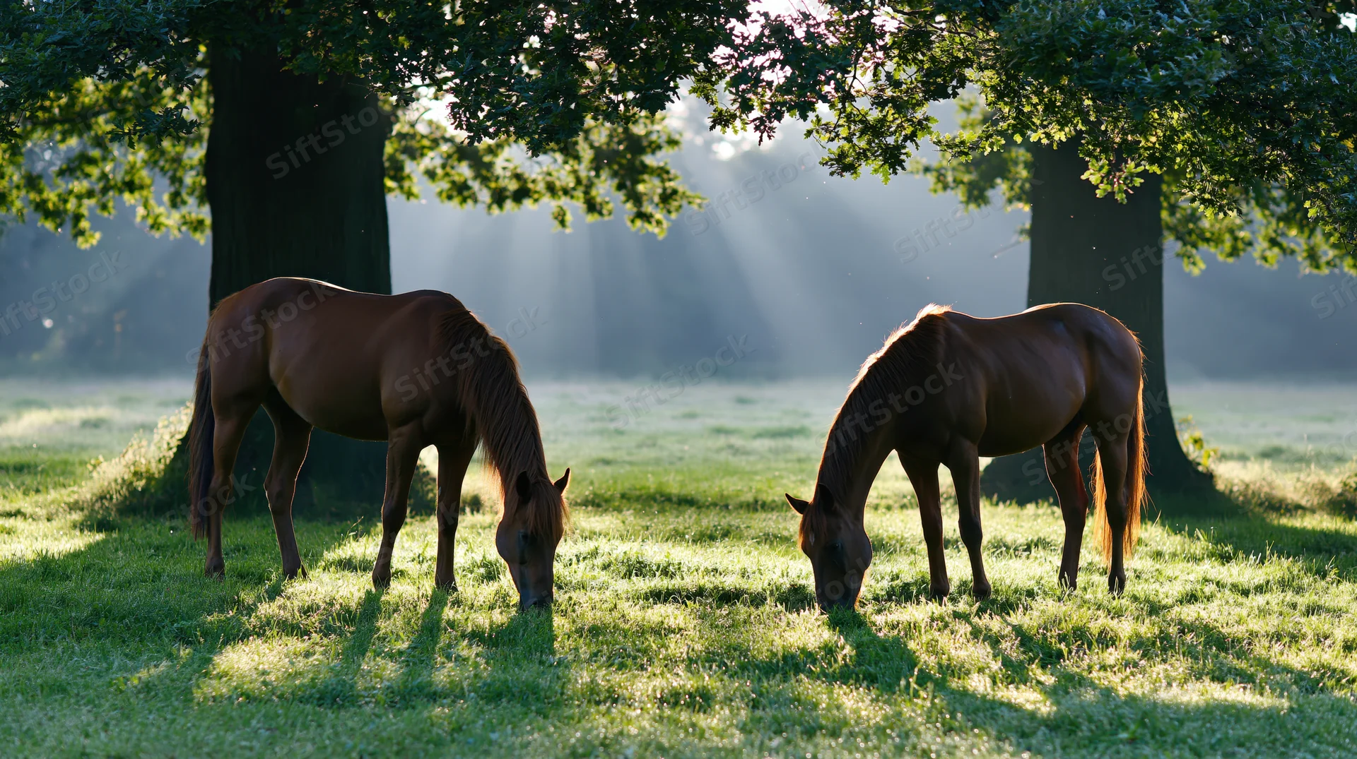 Two chestnut horses grazing in a sunlit grass clearing under trees