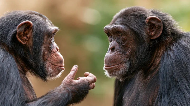 Two chimpanzees facing each other in close social interaction with one gesturing with hand