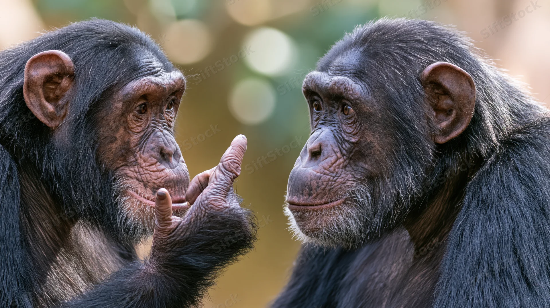 Two chimpanzees facing each other in close social interaction with one gesturing with hand