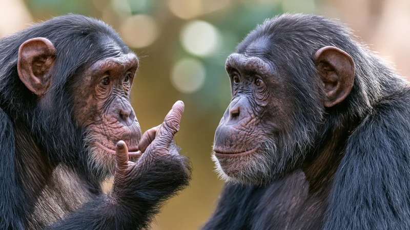 Two chimpanzees facing each other in close social interaction with one gesturing with hand