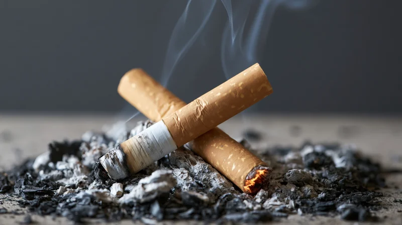 Two cigarette butts crossed and smoldering in a pile of ash