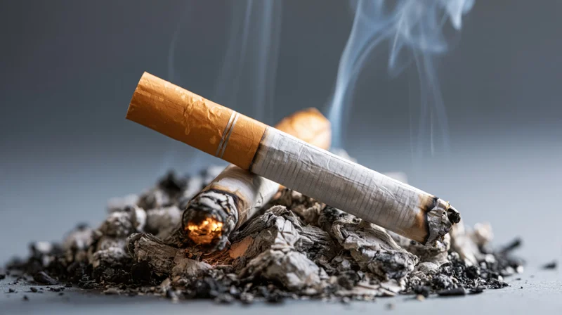 Two smoldering cigarette butts resting in a pile of ash with rising smoke