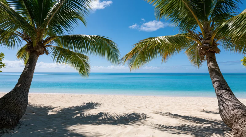 Two coconut palm trees framing a white sand tropical beach with turquoise ocean and blue sky