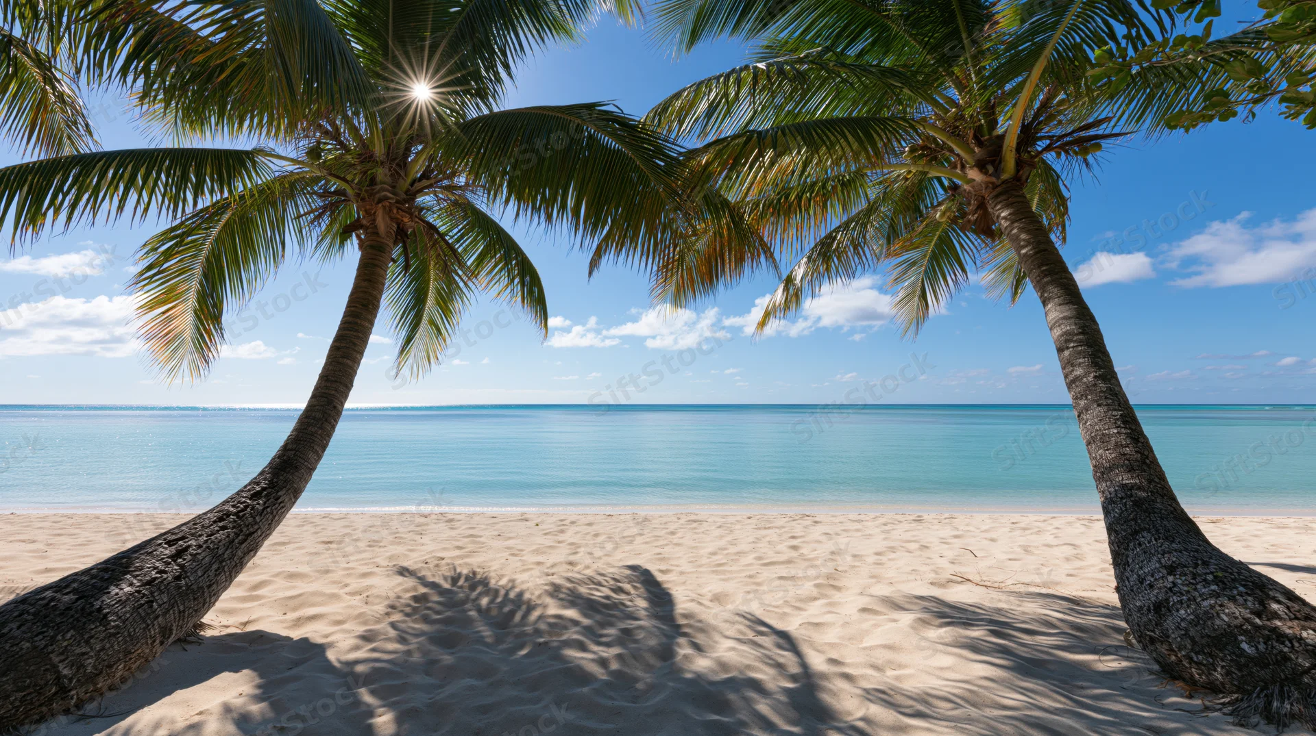 Two coconut palm trees framing a white sand tropical beach under a bright blue sky