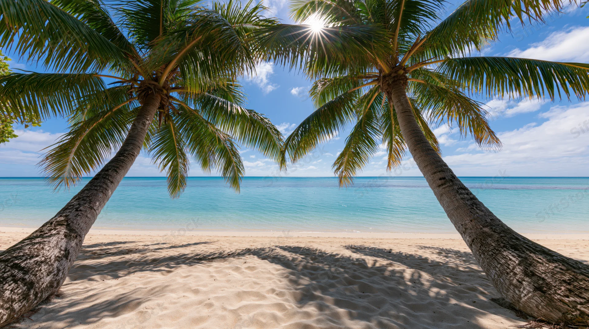 Two coconut palm trees framing a white sand tropical beach with turquoise ocean and blue sky under bright sunlight