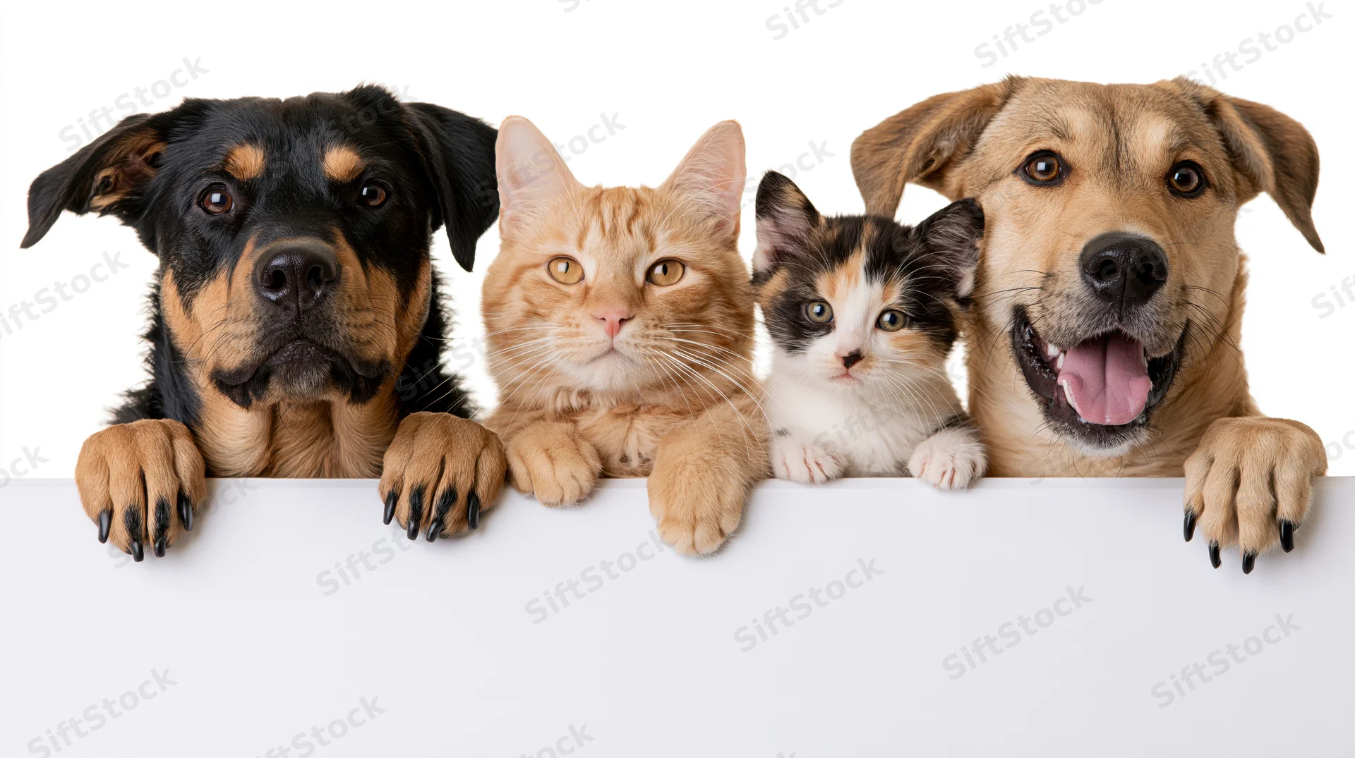 Two dogs and two cats peeking over a blank white banner with paws visible