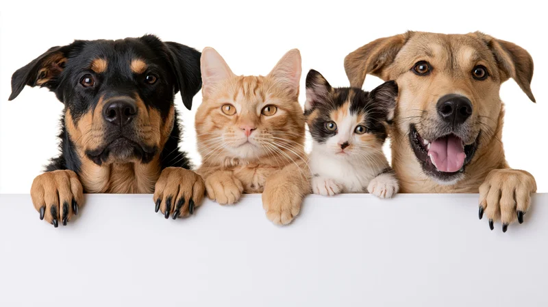 Two dogs and two cats peeking over a blank white banner with paws visible