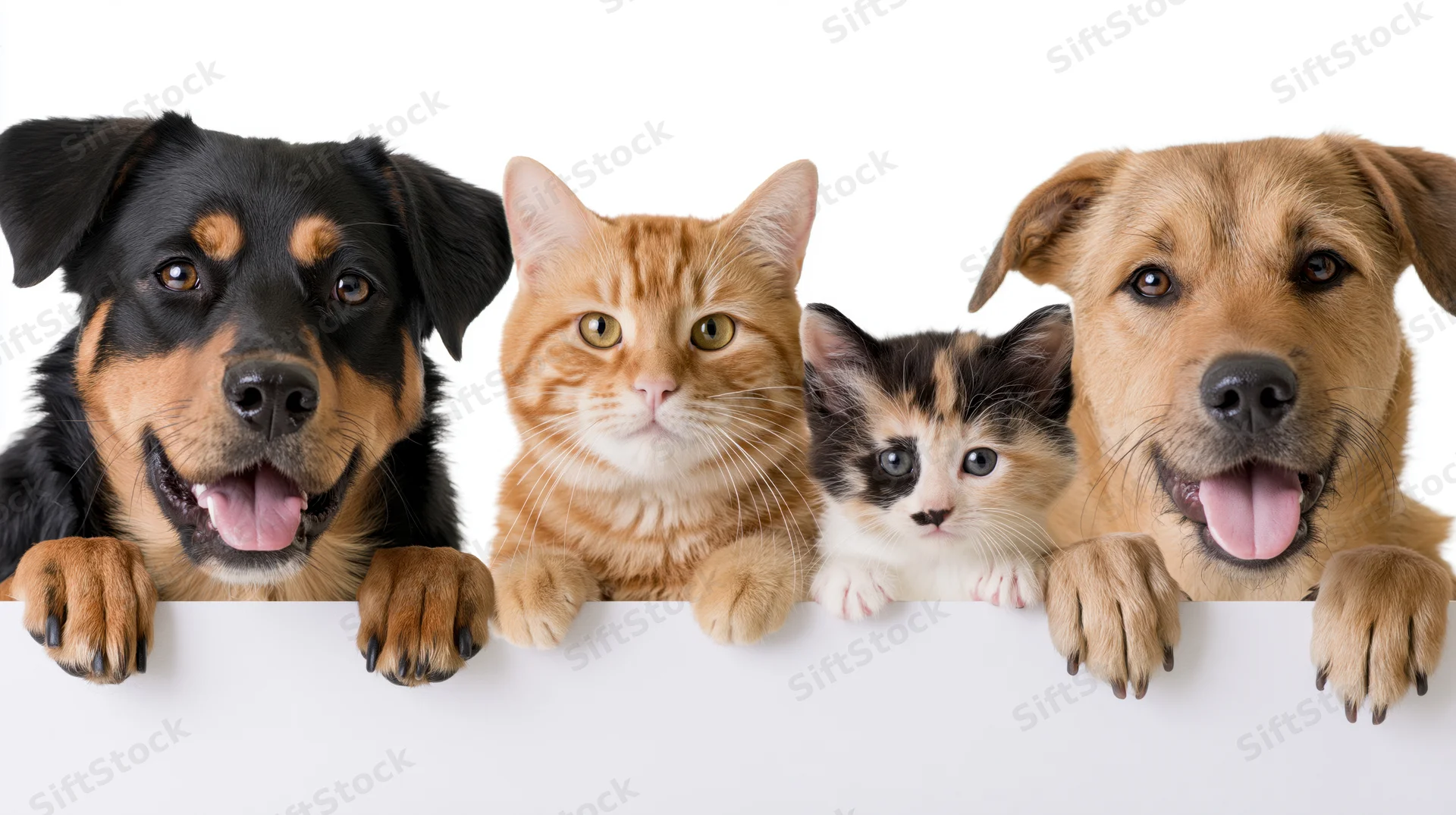 Two dogs and two cats peeking over a blank white banner with paws visible