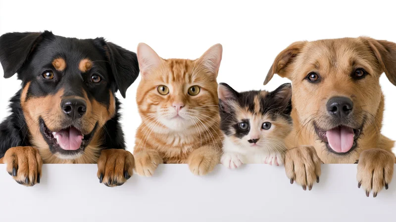 Two dogs and two cats peeking over a blank white banner with paws visible