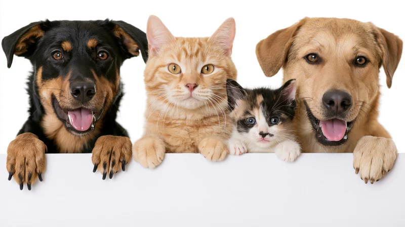 Two dogs and two cats peeking over a white banner with paws visible