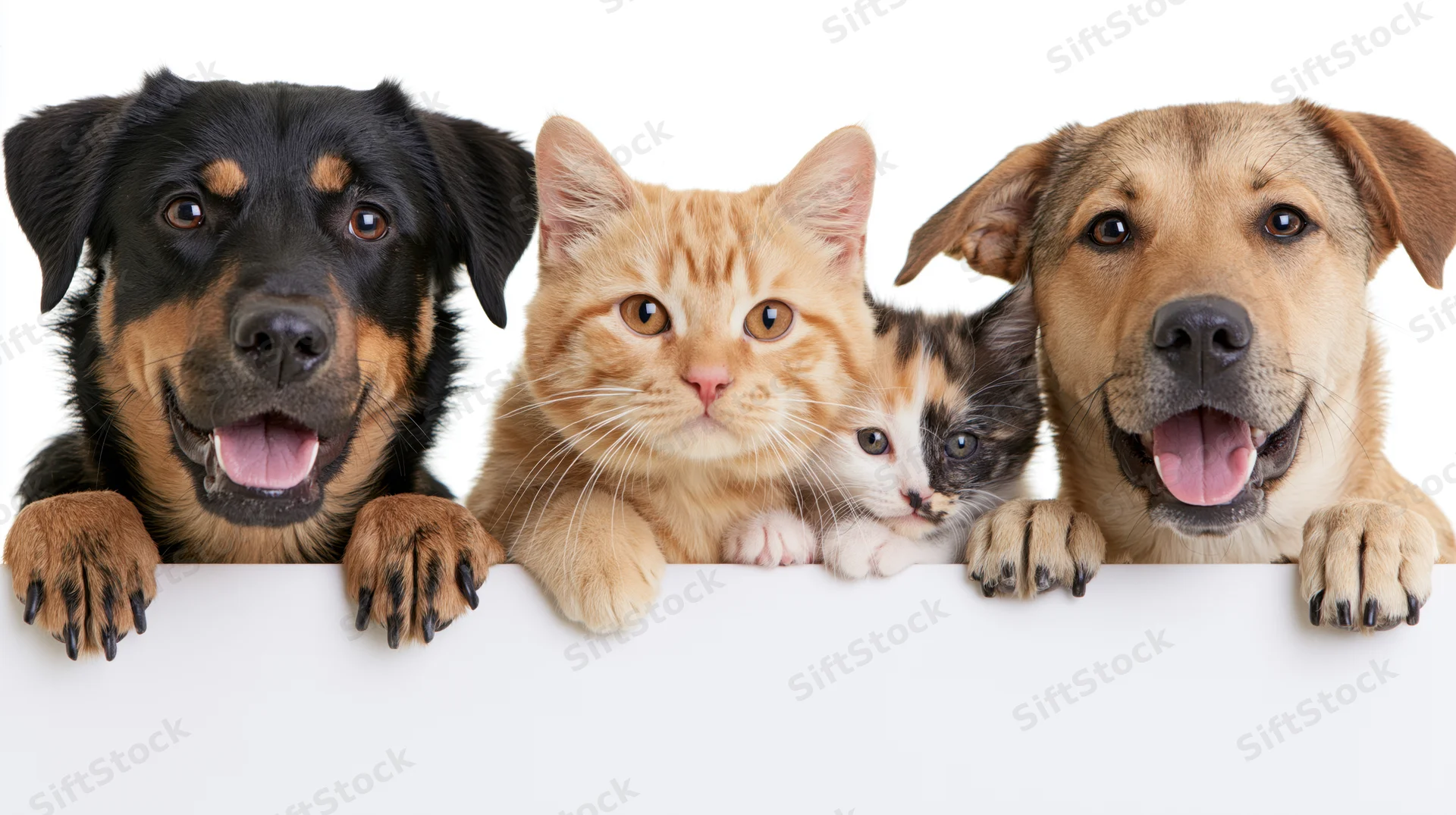 Two dogs and two cats peeking over a blank white banner with paws visible