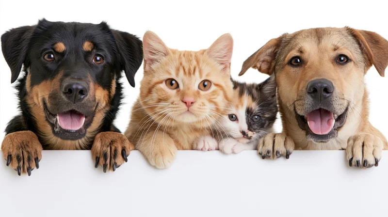 Two dogs and two cats peeking over a blank white banner with paws visible