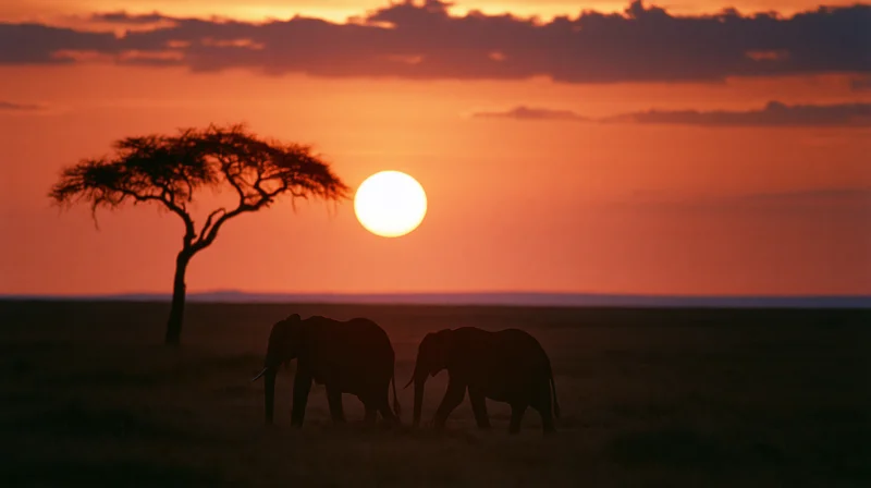 Two elephants silhouetted walking across open savanna at sunset with acacia tree and orange sky