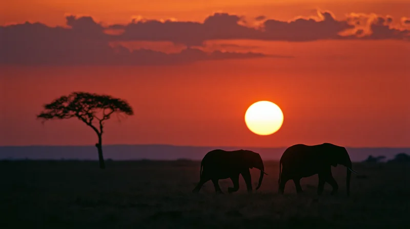 Two elephants walking across open savanna at sunset with acacia tree and orange sky