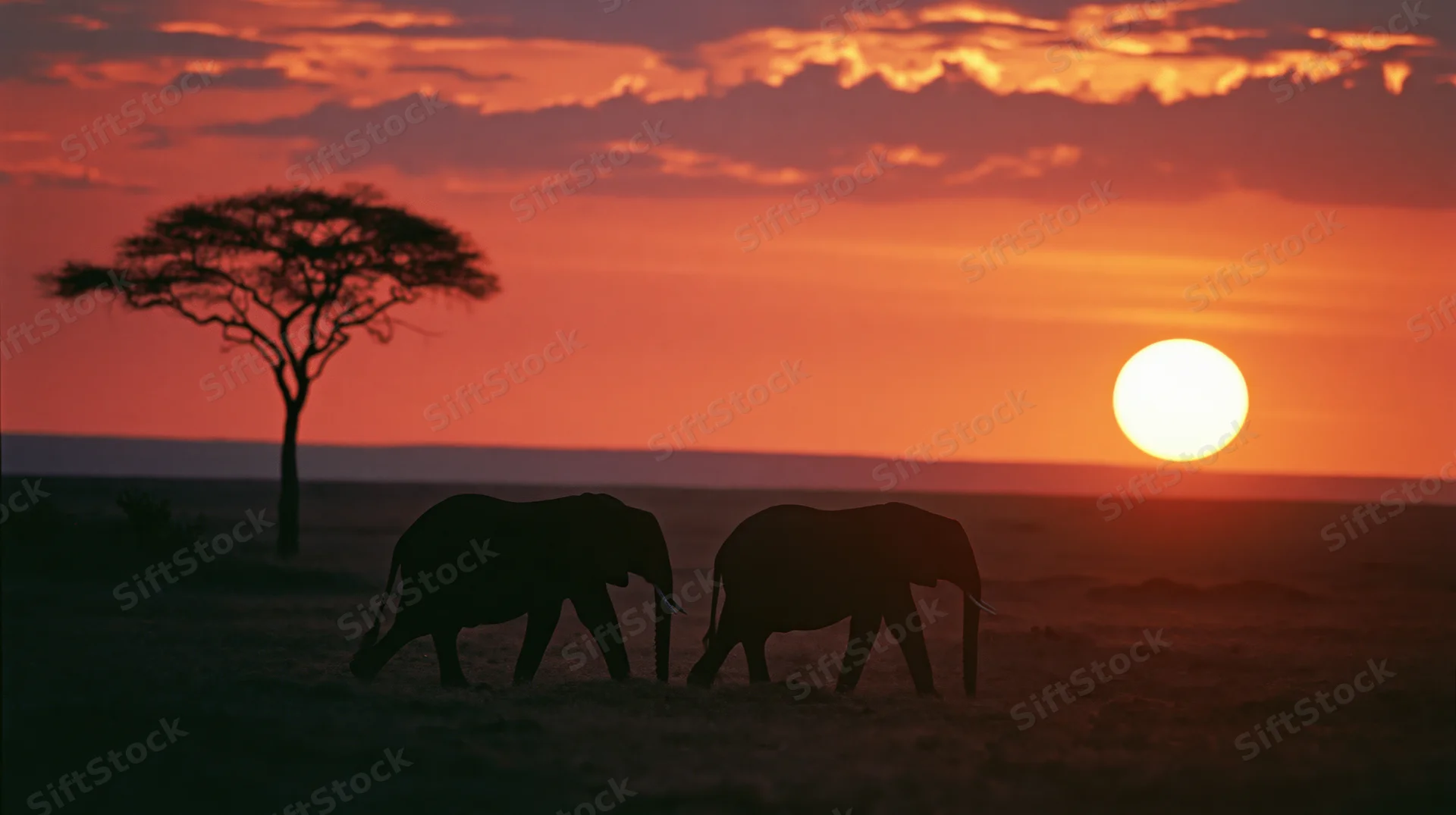 Two elephants silhouetted walking across open savanna at sunset