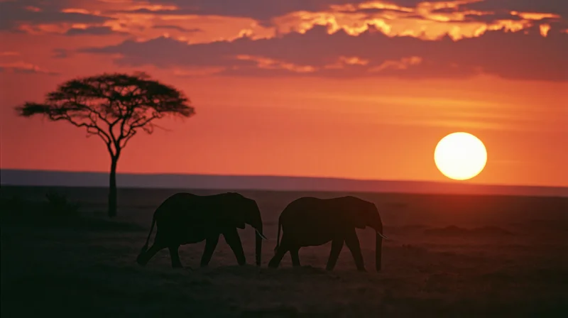 Two elephants silhouetted walking across open savanna at sunset