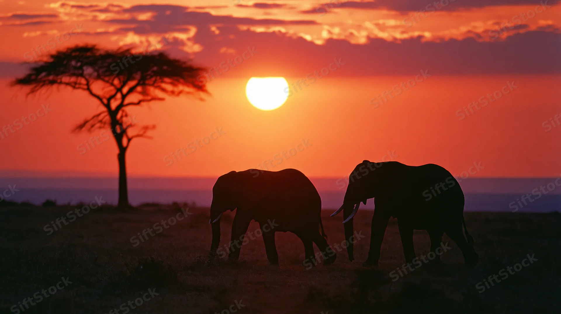 Two elephants silhouetted against a fiery sunset sky on the african savanna