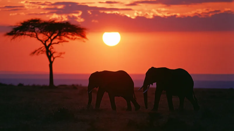 Two elephants silhouetted against a fiery sunset sky on the african savanna
