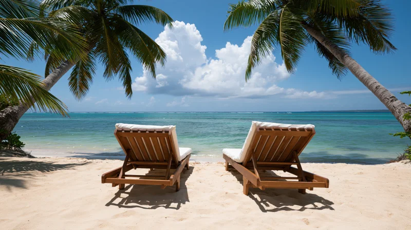 Two empty wooden beach loungers on pale golden sand framed by palm trees overlooking turquoise ocean under blue sky with white clouds