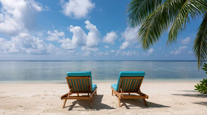Two empty wooden beach loungers with turquoise cushions facing the ocean on a sandy shore under a blue sky with clouds
