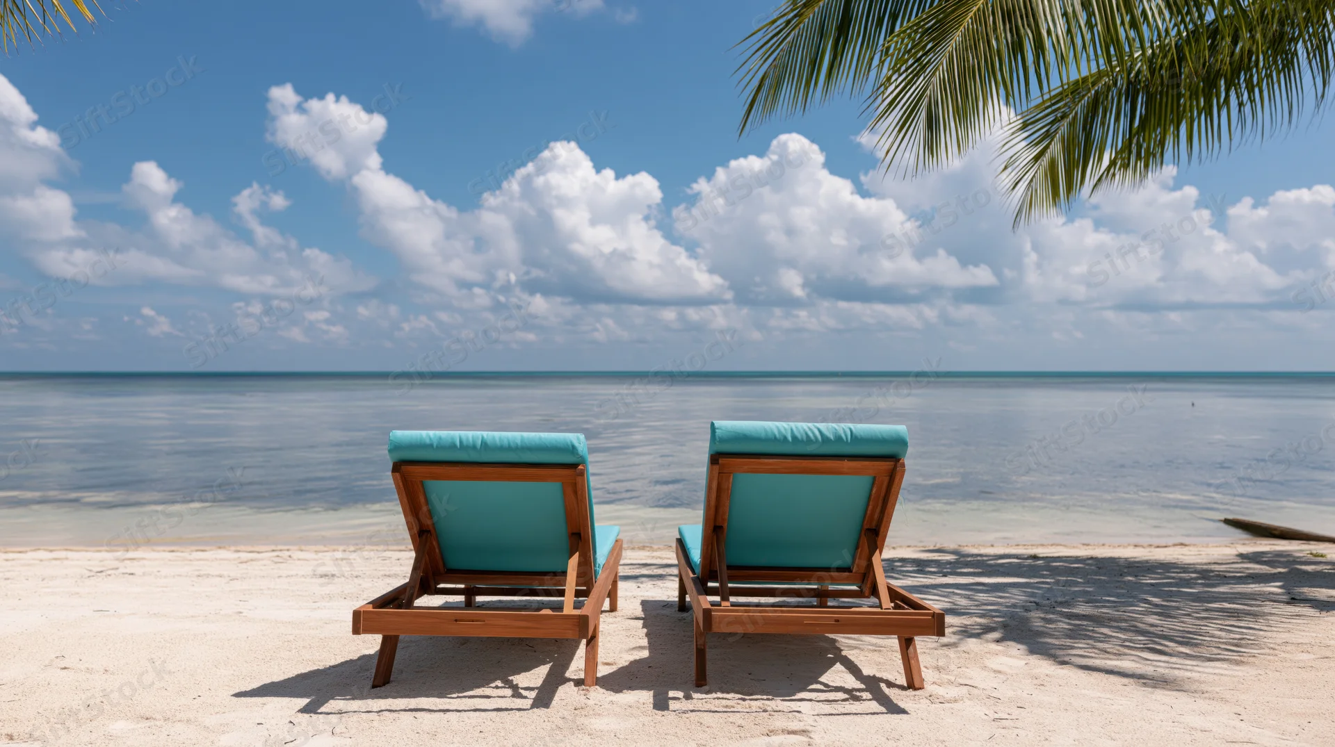 Two empty wooden beach loungers with turquoise cushions facing the ocean on a sandy shore under palm fronds