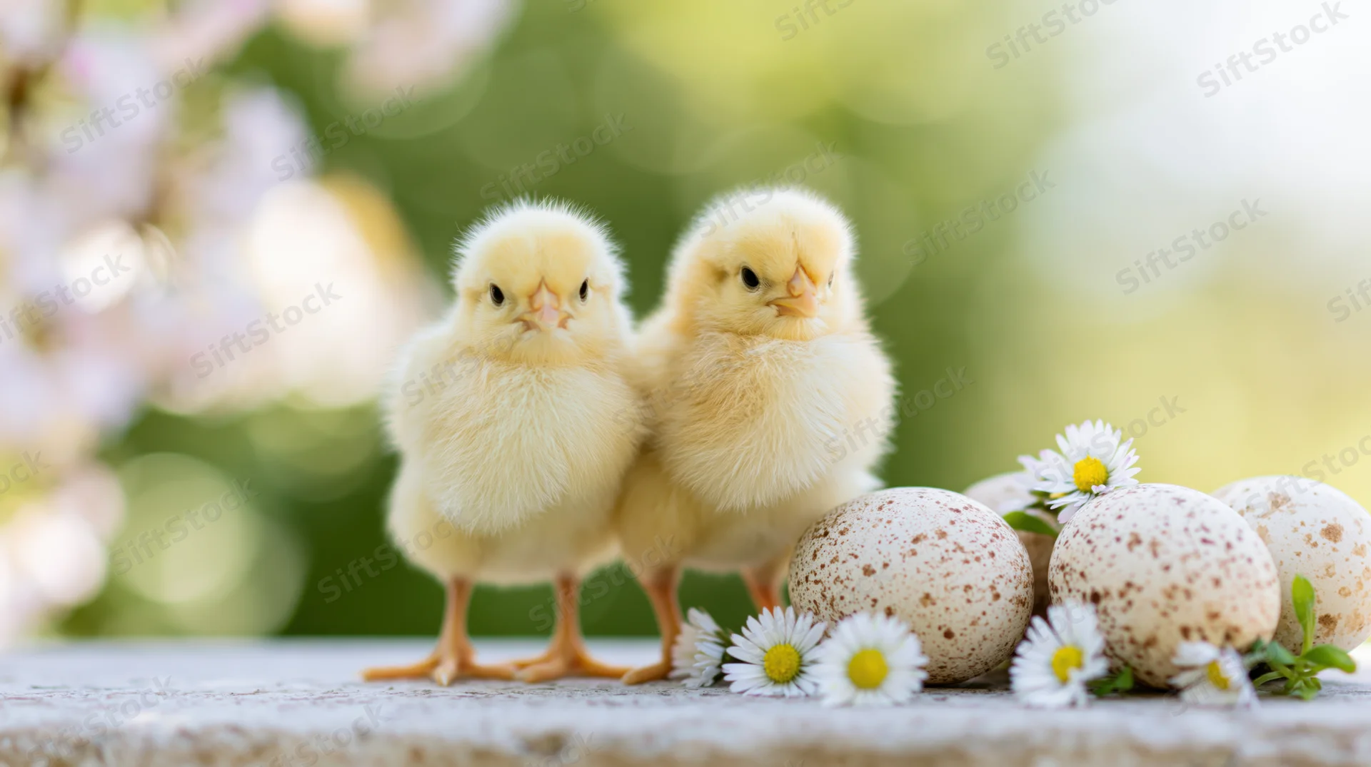 Two fluffy yellow baby chicks standing beside speckled eggs and daisies on a stone surface with blooming flowers in the background