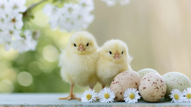 Two fluffy yellow baby chicks standing beside speckled eggs and white daisies on a garden surface with blossoms in the background