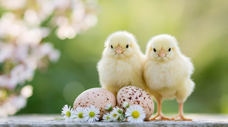 Two fluffy yellow baby chicks standing beside speckled eggs and white daisies on a stone surface with blooming flowers in the background