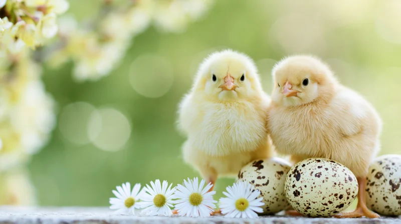 Two fluffy yellow baby chicks standing beside speckled eggs and white daisies on a wooden surface with blurred green foliage in the background