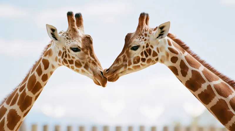 Two giraffes nuzzling each other with curved necks in an enclosure
