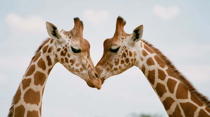 Two giraffes facing each other with curved necks touching noses against a cloudy sky