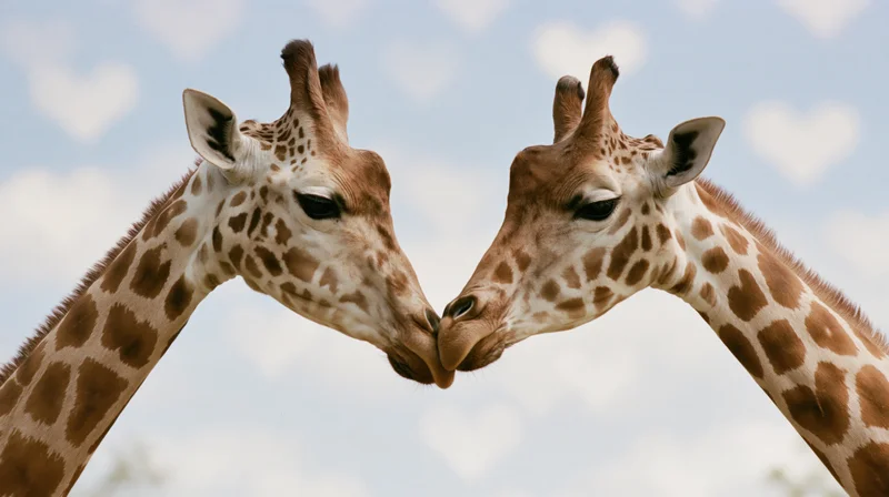 Two giraffes facing each other with curved necks touching noses against a cloudy sky