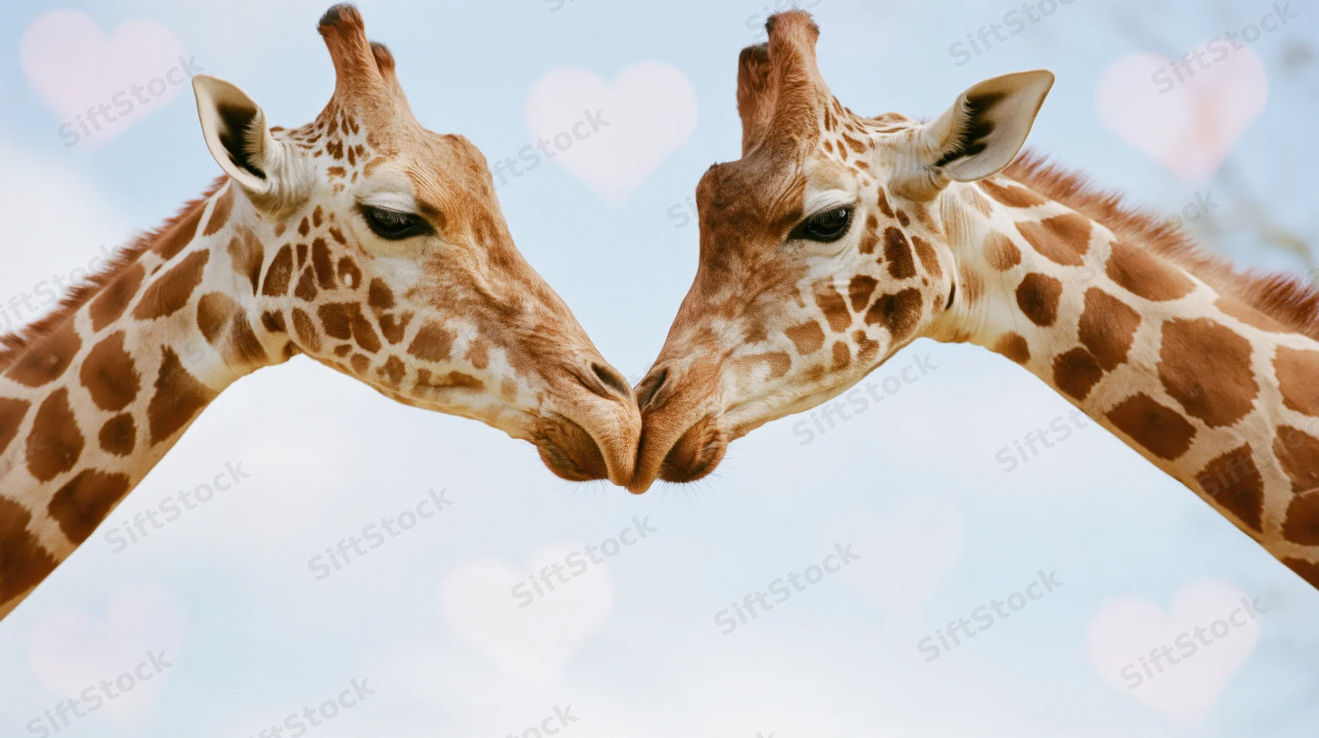 Two giraffes nuzzling heads together against a soft blue sky with heart-shaped bokeh