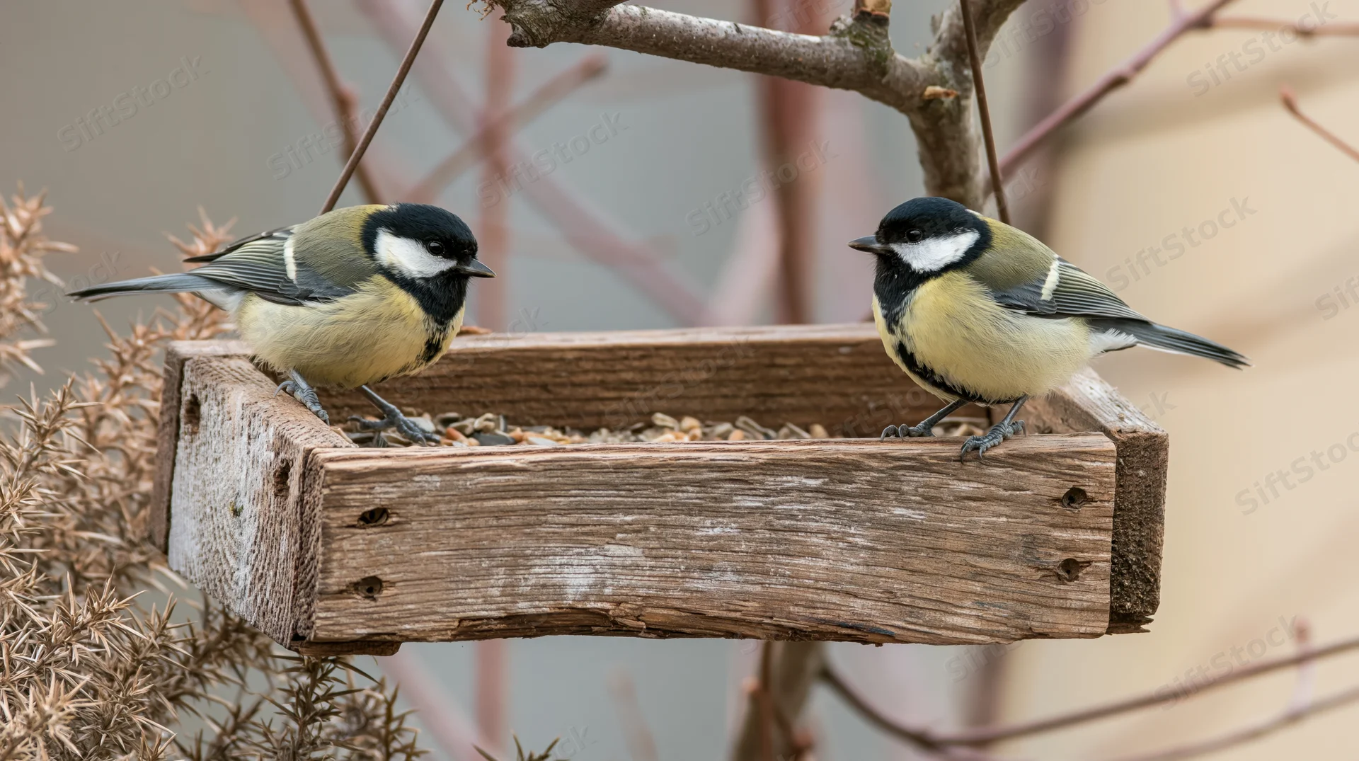Two great tits perched on opposite sides of a rustic wooden bird feeder in a garden setting