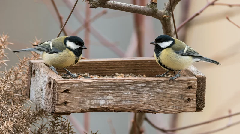 Two great tits perched on opposite sides of a rustic wooden bird feeder in a garden setting