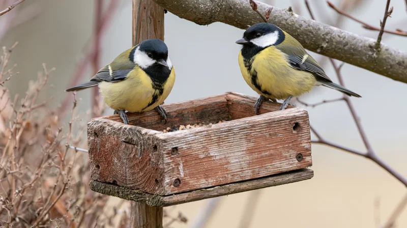 Two great tits perched on opposite sides of a weathered wooden bird feeder in a garden setting