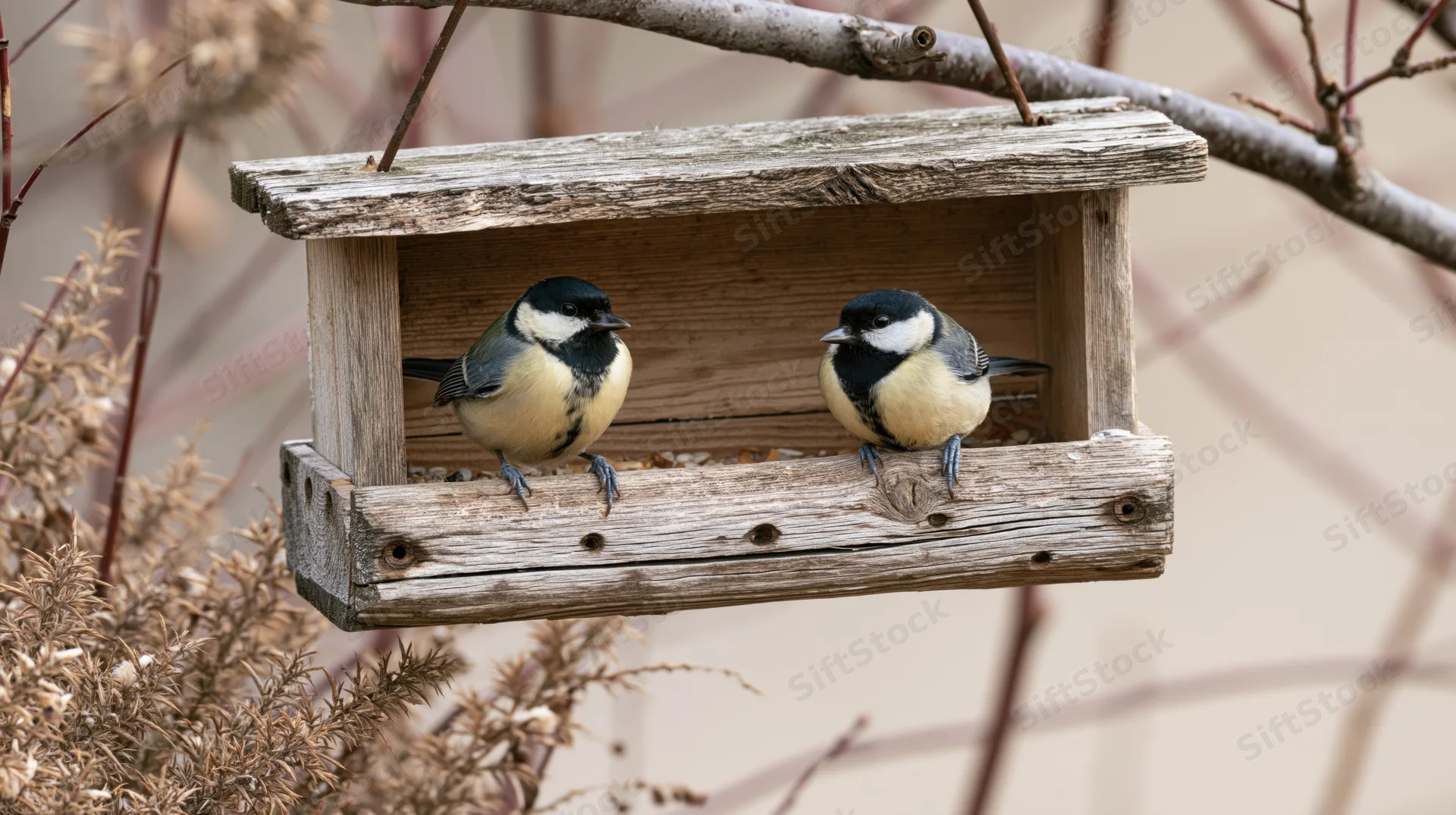 Two great tits perched on opposite sides of a weathered wooden bird feeder hanging from a branch in a garden setting